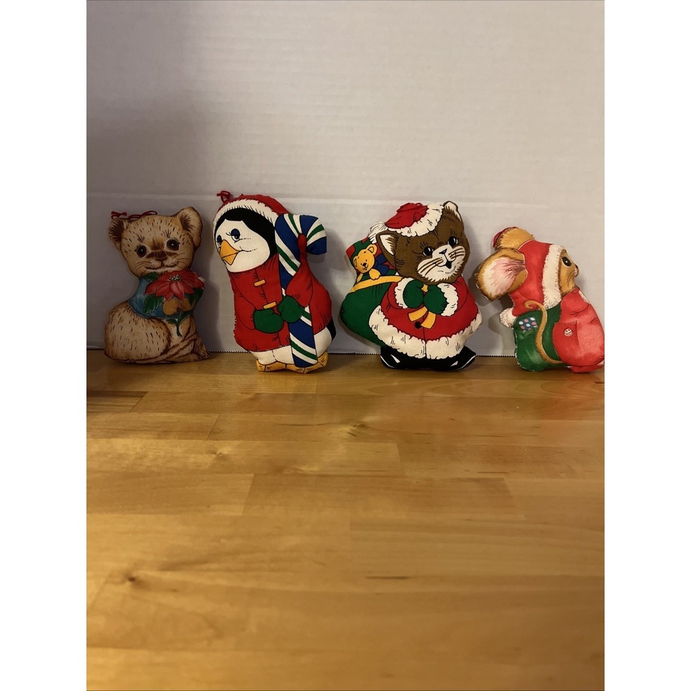 Vintage Christmas Ornaments Handmade Fabric Puffy Animals Plush Lot of 4